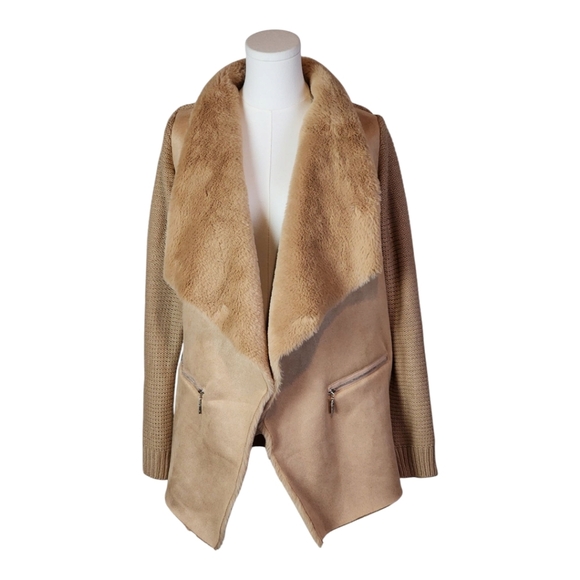 Twelfth Love Faux Shearling Suede Knit Jacket Camel Open Front Cardigan L - Picture 1 of 7
